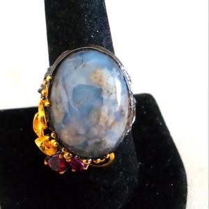 Man's gorgeous custom made natural agate and rhodolite dress ring Size 9.5 👁️
